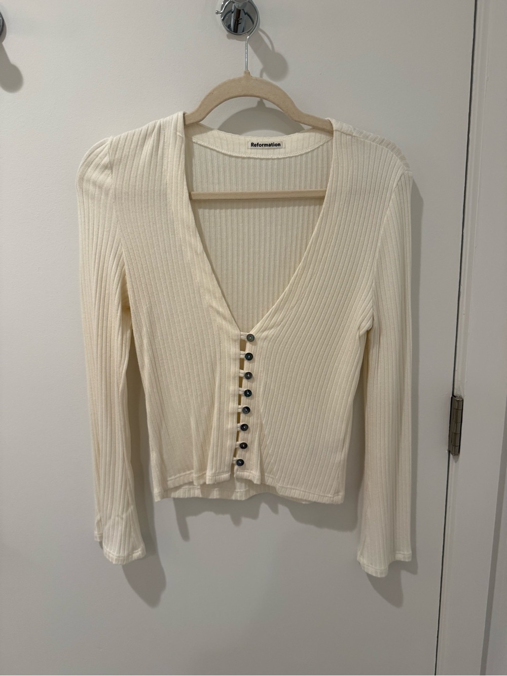 Reformation Ivory Ribbed Button-Front Long Sleeve Top